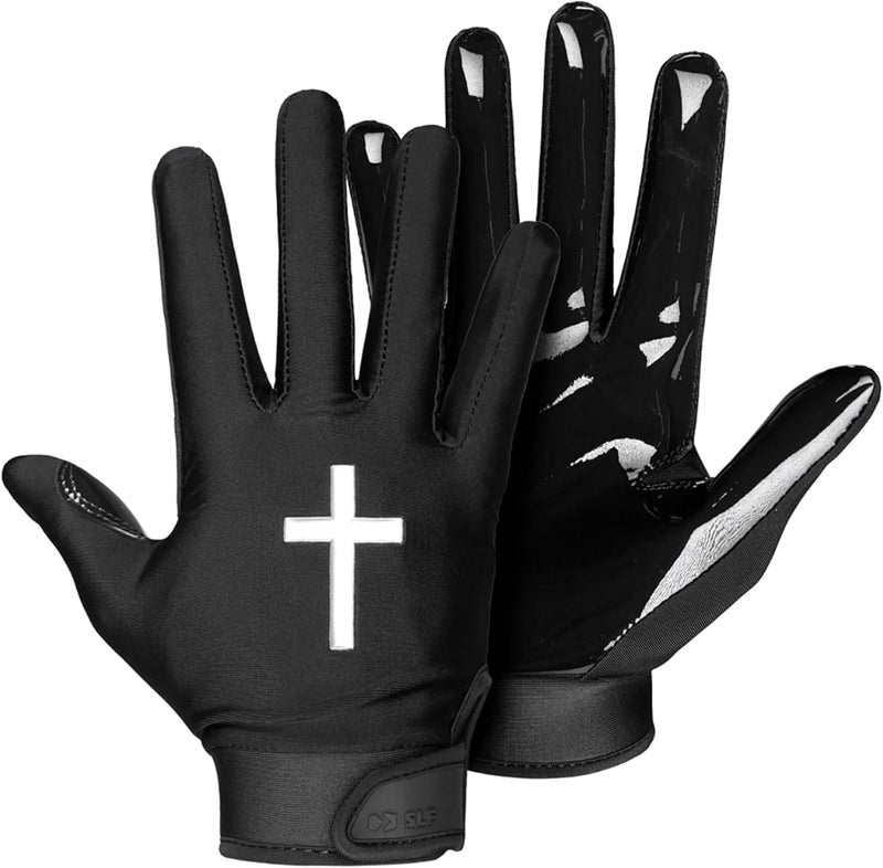 SLEEFS Youth Football Gloves for Men and Women, Faith Cross Black Sticky Receiver Flag Football Gloves for Youth, Adult Men or Women, Stretch Fit, No Slip, Perfect Grip, Machine Washable - Image 1